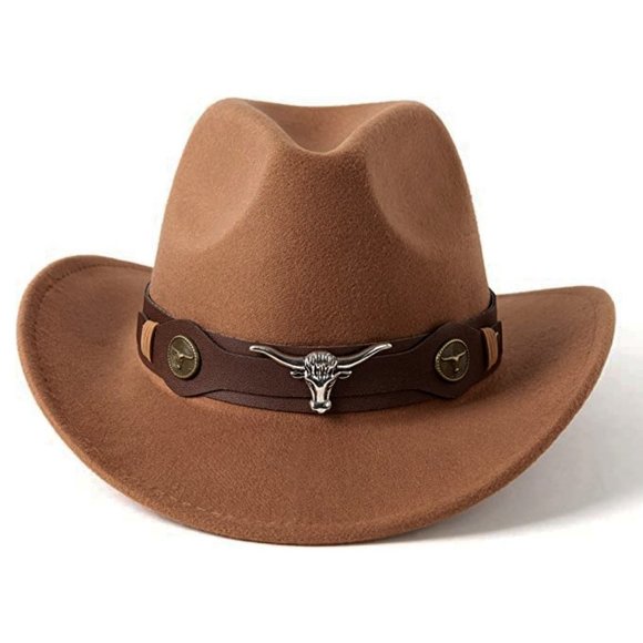 NEW Coffee Brown Bull Accent Faux Leather Band Felt Cowboy Cowgirl Western Hat - Picture 2 of 9